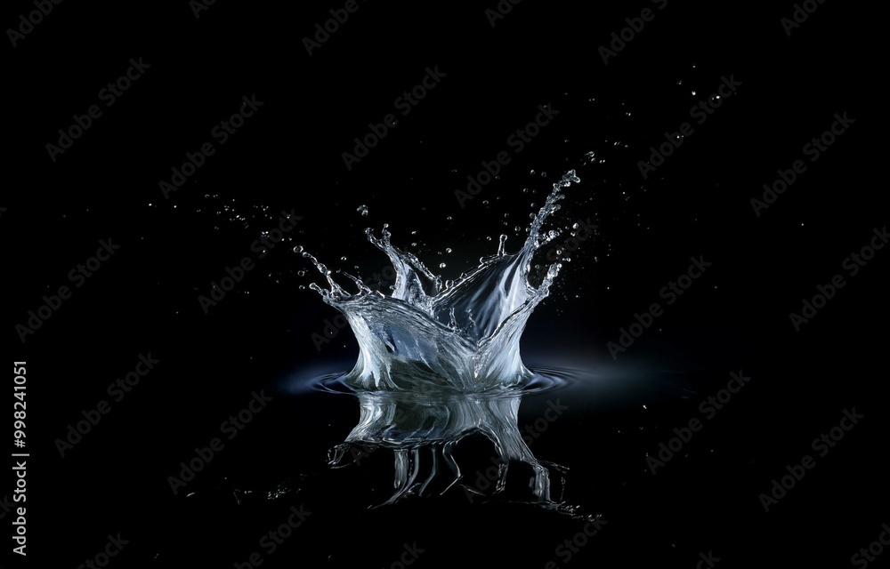 Aufkleber A water drop splashes in a dark setting, creating a crown-like shape and a reflective image.