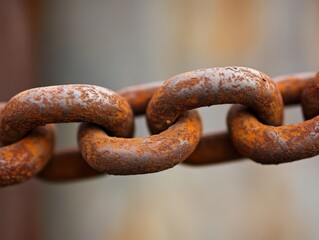 Fototapeta premium Rusty chain link close-up against a blurred industrial background at dusk