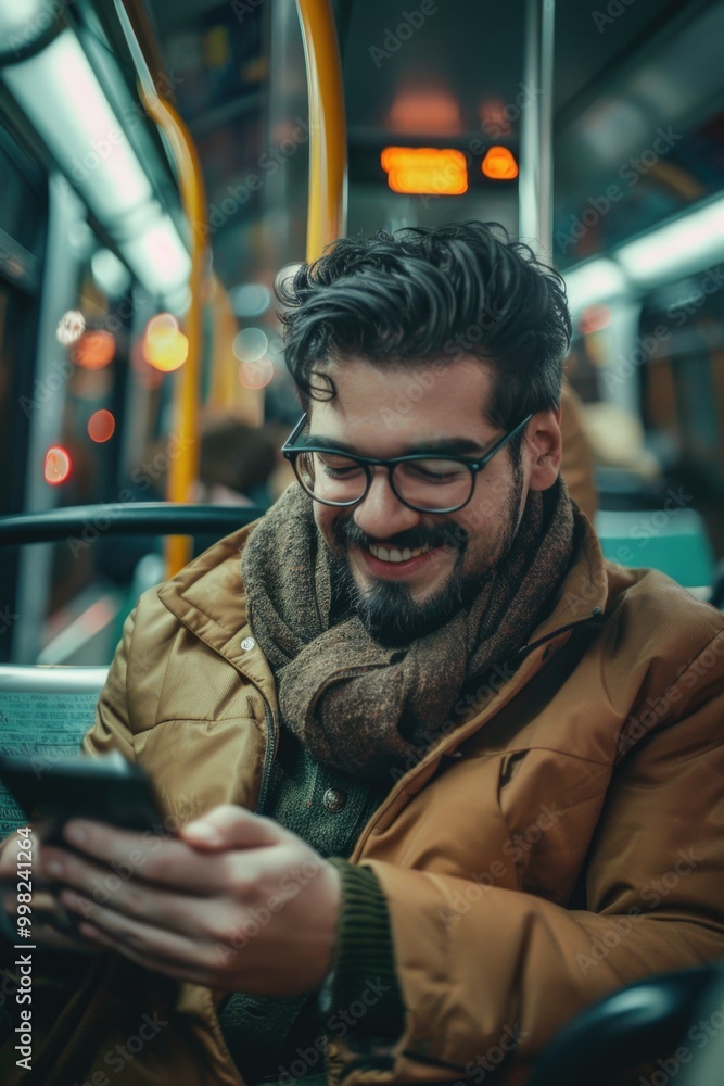 Poster A person sitting on a bus looking at their mobile device