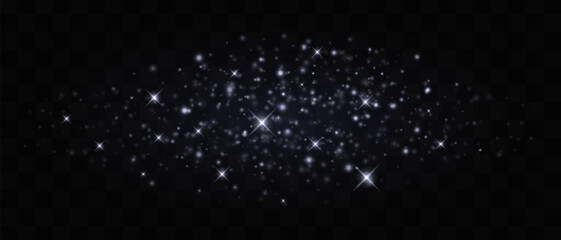 Golden glowing particles and sparkling stars isolated on dark background. Bright starbursts with glittering effects. Graphical patch of reflected light. Abstract magic dust. Vector illustration.