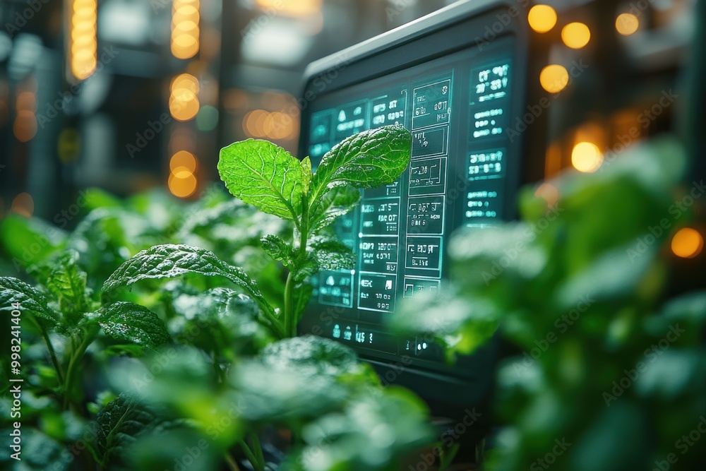 Canvas Prints A close-up view of a digital display monitor with data and a green plant in the foreground.