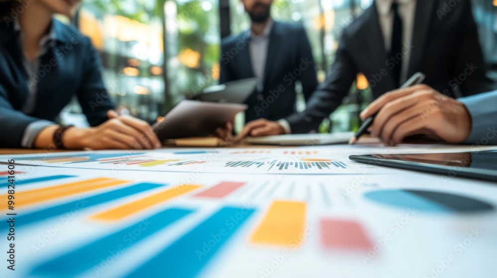 Poster A group of diverse financial analysts collaborating around a table, discussing strategies while reviewing a large printed financial graph, emphasizing teamwork and critical thinking.