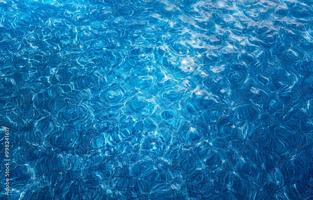 Poster a clear blue pool with shimmering light reflecting off the surface and creating ripples and patterns