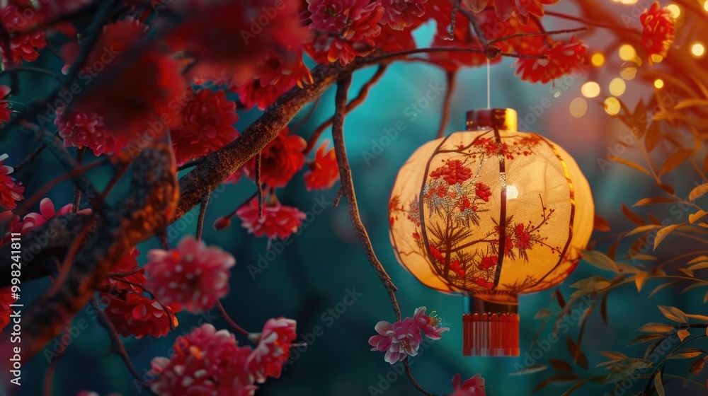 Poster a lantern hangs from a tree branch adorned with vibrant red flowers