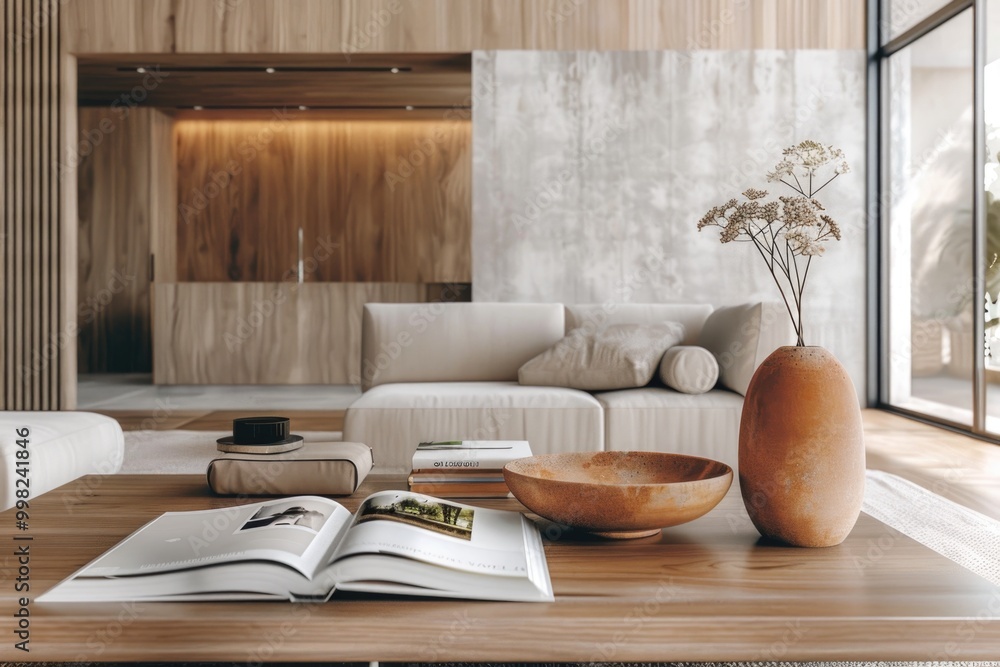 Poster a simple table setting with a book and a vase, great for everyday use or as a decorative piece
