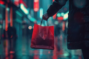 Obraz premium A person holding a red shopping bag on a busy city street