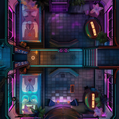 Advanced Cyberpunk Battle Map for Sci-Fi DnD, Top-Down RPG Map with Futuristic Urban Setting, Virtual Tabletop Asset for High-Tech Environments and Neon Cityscapes, Ideal for Cyberpunk Campaigns