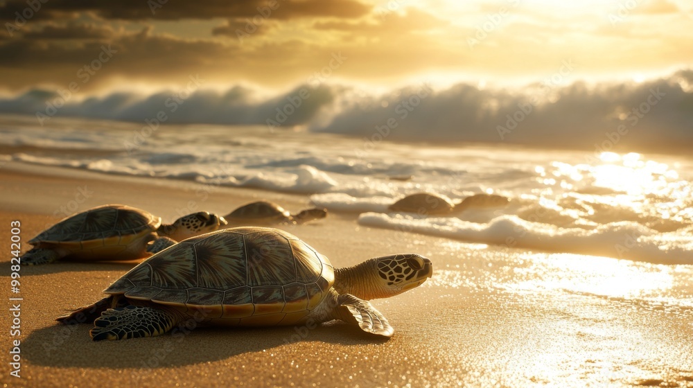 Poster a group of sea turtles resting on a tropical beach, their shells glistening in the sunlight, with wa