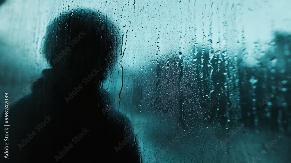 Poster a lone silhouette stands by a window, watching raindrops trickle down the glass, reflecting feelings