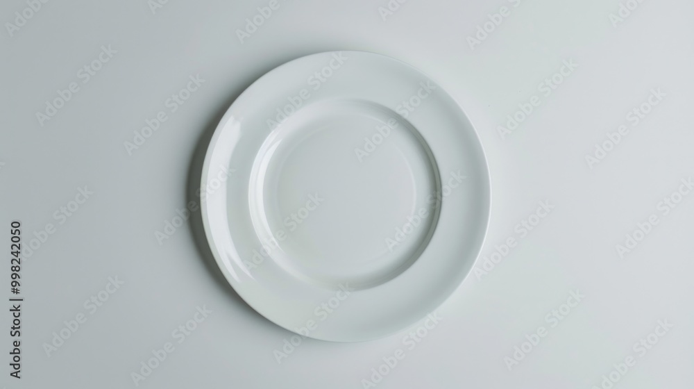 Poster a clean and empty white plate sitting on a white surface, ready for use