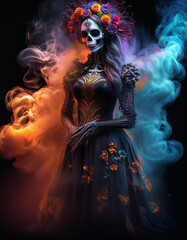 retrato de una hermosa catrina llena de color	