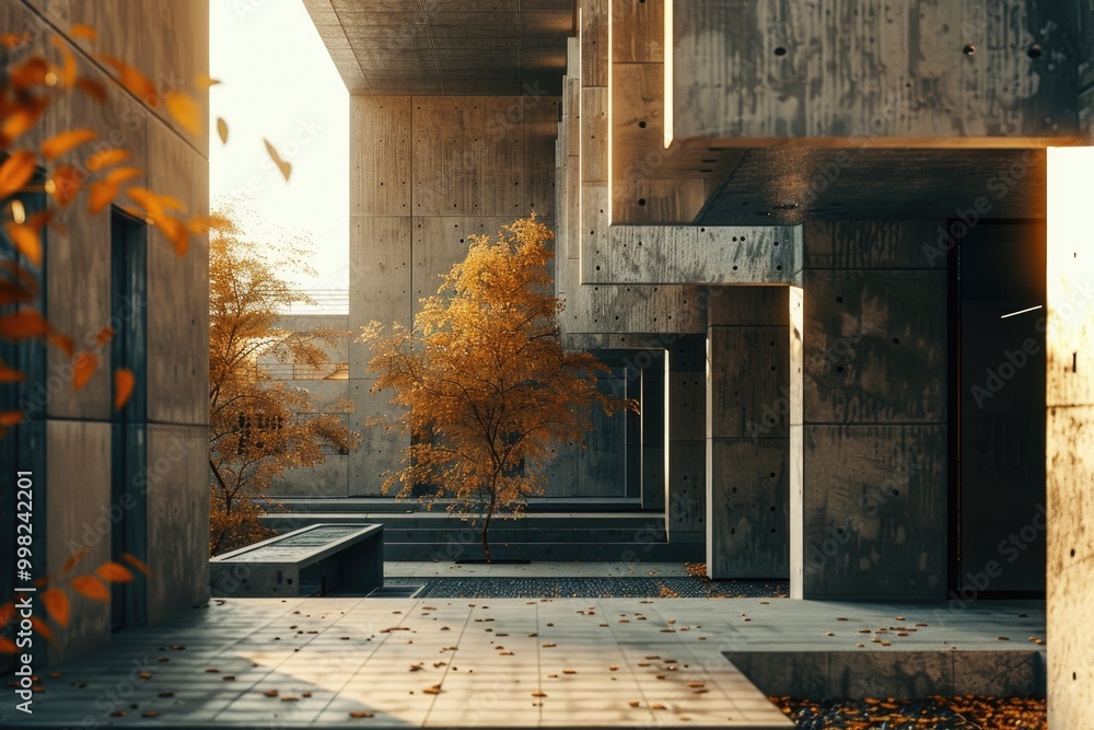 Poster a building with a tree growing right through its center, surrounded by greenery