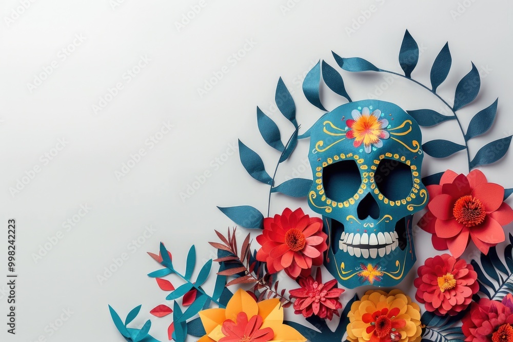 Poster a paper cut design of a skull surrounded by flowers, ideal for use in designs related to death and m