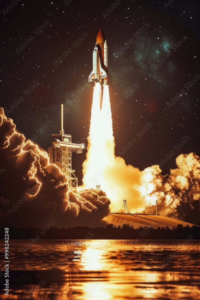 Poster a space shuttle lifting off into the sky with a trail of smoke and flames behind