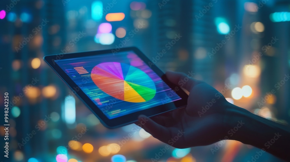 Poster a hand holding a tablet displaying a colorful 3d pie chart, with a blurred cityscape in the backgrou
