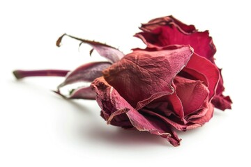 A single dried rose lying on a clean white surface, ideal for use in floral arrangements or as a symbol of remembrance