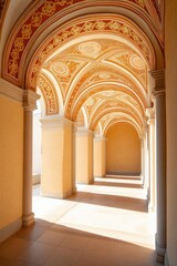 Obraz premium A sunlit corridor with ornate arches and intricate designs in a historic building