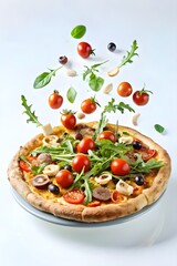 Delicious pizza with flying ingredients on white background
