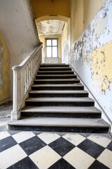 A worn staircase leading to a sunlit landing in an abandoned building with peeling walls