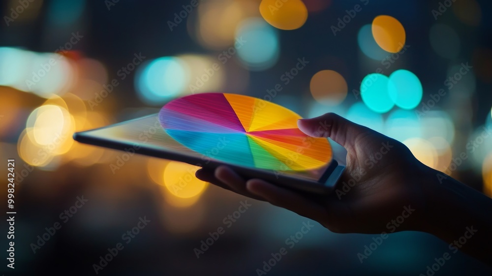 Aufkleber A hand holding a tablet displaying a colorful 3D pie chart, with a blurred cityscape in the background, representing the integration of technology and finance in modern decision-making.