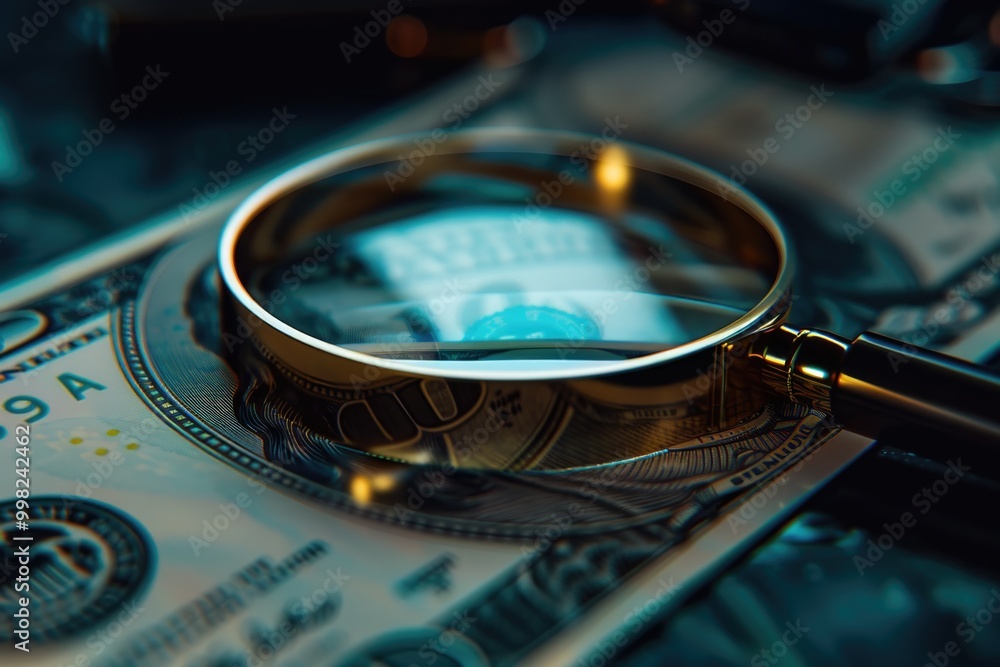 Poster a magnifying glass placed on top of a pile of money, ideal for highlighting details in financial doc