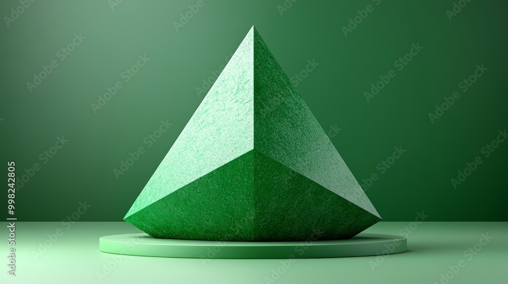 Poster a vibrant green pyramid on a circular base, showcasing modern design and simplicity in a striking mi