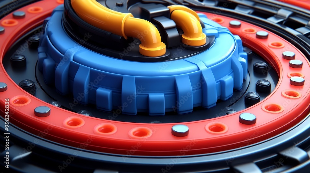 Poster a vibrant, close-up view of colorful mechanical components showcasing design intricacies and texture