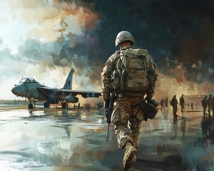 Naklejka premium A soldier in full uniform walks towards the fighter jet