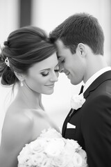 Romantic embrace of a bride and groom in black and white during their wedding celebration
