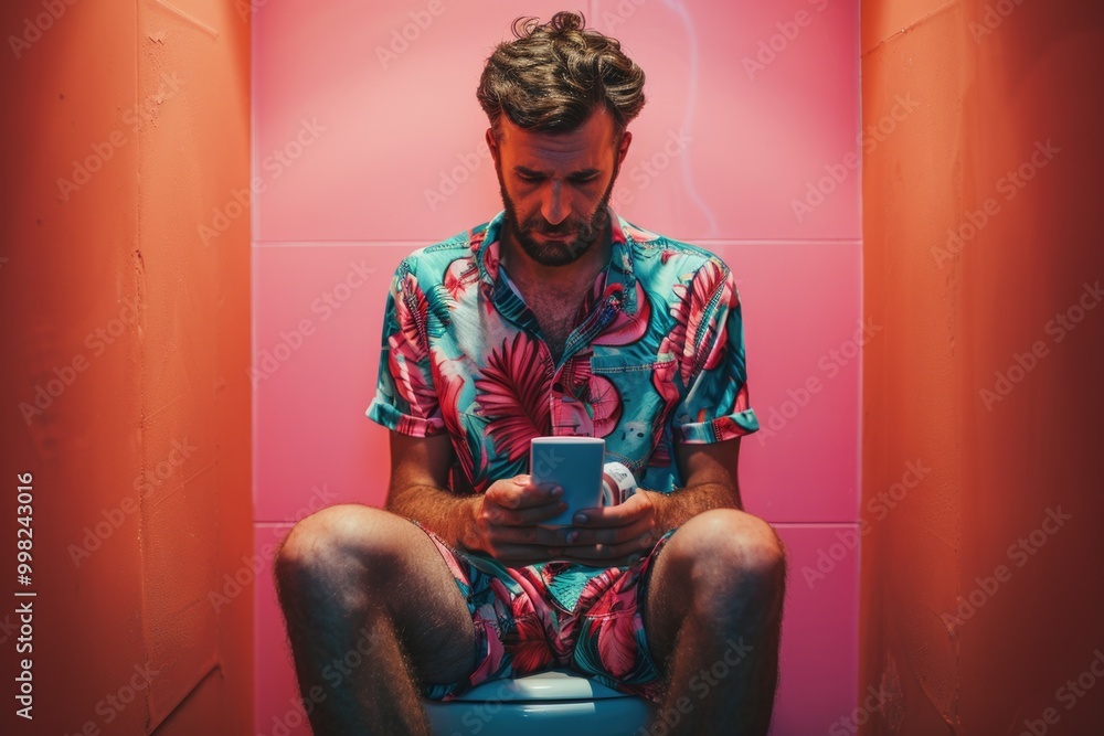 Poster a person is seated on the toilet while using their smartphone