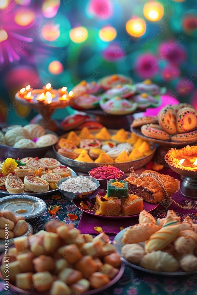 Wall mural A colorful array of dishes and snacks on a table, perfect for use in editorial or commercial content