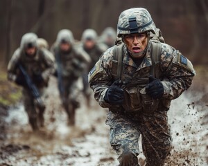 Fototapeta premium A group of soldiers in full uniform are undergoing military training