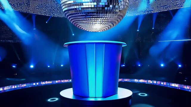 Elegant speaker podium designed winner illuminated striking blue spotlights stage lights creating visually appealing backdrop comedy night featuring set hightech disco ball environment