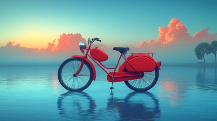 Fototapeta premium A vibrant red bicycle stands elegantly in serene waters, illuminated by a beautiful sunrise, creating a dreamy landscape.