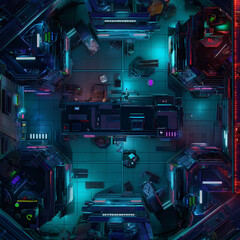 Fototapeta premium Neon-Lit Cyberpunk Battle Map for DnD, Top-Down View RPG Map for Futuristic Urban Adventures, Sci-Fi City Background for Virtual Tabletop Play, High-Tech Digital Asset for Role-Playing Game Campaigns