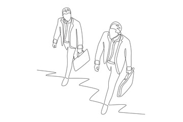 Two men going to work. Commuting to work concept one-line drawing