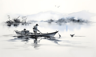 The subject of the painting includes a Japanese fisherman catching fish from his small boat on a lake. Japan traditional sumi-e. Ink painting style.