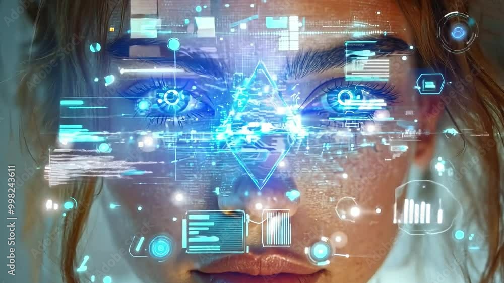 Poster A woman gazes intently as digital elements float around her, illustrating a captivating interaction with augmented technology in a contemporary environment.