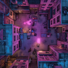 Neon-Lit Cyberpunk Battle Map for DnD, Top-Down View RPG Map for Futuristic Urban Adventures, Sci-Fi City Background for Virtual Tabletop Play, High-Tech Digital Asset for Role-Playing Game Campaigns