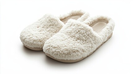 A pair of fluffy bedroom slippers, isolated on a white background
