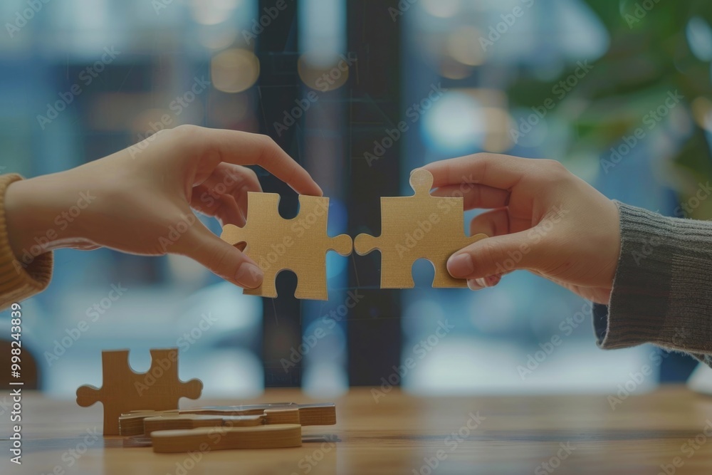 Poster a pair of individuals holding fragments of a jigsaw puzzle, suggesting collaboration and problem-sol