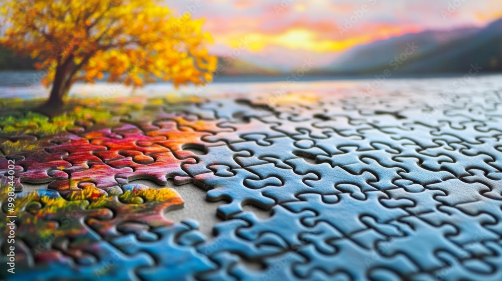 Poster a jigsaw puzzle in progress with only a few pieces missing, the image slowly revealing a beautiful l