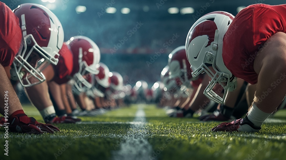 Poster intense football game action on field with players in uniform and helmets competing for the ball and