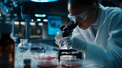 Scientist Intently Examining Samples Under a High Powered Microscope in a Well Equipped Laboratory Focused on Groundbreaking Scientific Research and Discoveries