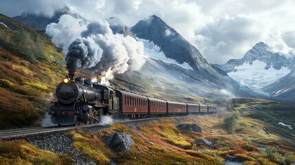 Obraz premium Classic train chugging through mountainous region. A vintage steam locomotive on mountain railway