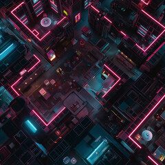 Obraz premium Neon-Lit Cyberpunk Battle Map for DnD, Top-Down View RPG Map for Futuristic Urban Adventures, Sci-Fi City Background for Virtual Tabletop Play, High-Tech Digital Asset for Role-Playing Game Campaigns