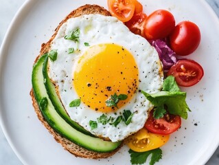 Delicious sunny-side up egg on toasted bread with fresh vegetables for a vibrant breakfast