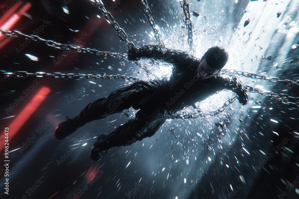 Poster dynamic cyberpunk scene with chains and motion blur in dark tones