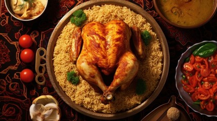 Roasted Chicken with Rice and Salad on Traditional Table Setting
