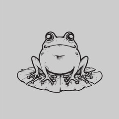Happy Frog on Lily Pad: Charming line art illustration of a cheerful frog perched on a lily pad, perfect for children's books, nature-themed designs, and whimsical projects. 